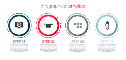 Set Location tailor shop, Textile fabric roll, Adjustable embroidery hoop and Safety pin. Business infographic template. Vector.