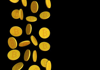 BTC Cryptocurrency Coins on black background. Stock Market Concept. 3D render 