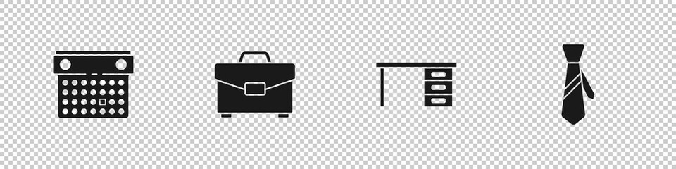 Set Calendar, Briefcase, Office desk and Tie icon. Vector.