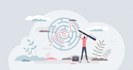 Business solution as messy maze solving skill or strategy tiny person concept