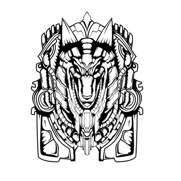 Anubis in mecha style black and white illustration