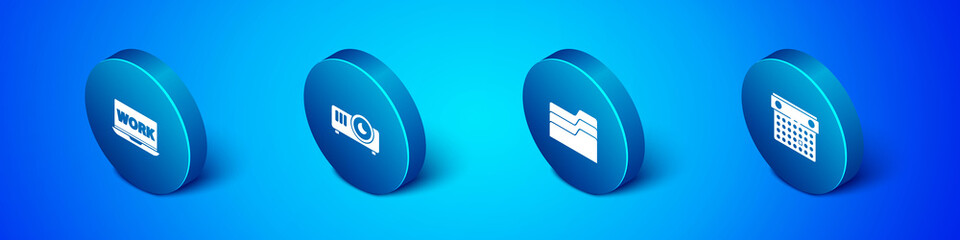 Set Isometric Laptop with text work, Document folder, Calendar and Movie, film, media projector icon. Vector.