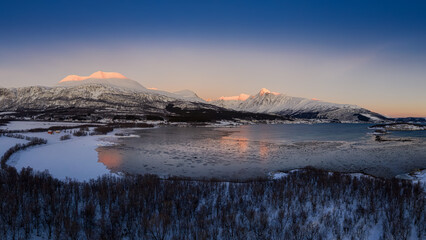 Lyngseidet Karnes mountain at sunrise in Northern Norway