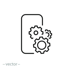 setting up applications on a mobile phone, icon, adjustment or maintenance app, download configuration and install on phone, thin line web symbol on white background - editable stroke vector