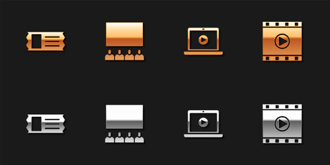 Set Cinema ticket, auditorium with screen, Online play video and Play Video icon. Vector.