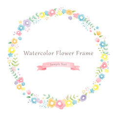 かわいい水彩の春の花の円フレーム/ Cute Watercolor Flower Round Frame