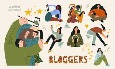 Naklejka premium Blogger set Blogging and influencer concept. Bundle of young trendy vloggers, group of modern bloggers. Cute funny girls creating content. Collection of flat cartoon vector illustration