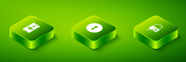 Set Isometric Keyhole, Lock repair and Eye scan icon. Vector.
