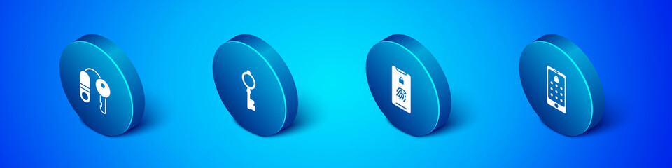 Set Isometric House with key, Mobile fingerprint scan, and graphic password and Old icon. Vector.