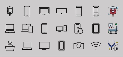 SMART devices and gadgets linear icons set, vector, contains icons computer, camera, laptop, phone, web devices, electronic appliances, and much more. Editable stroke