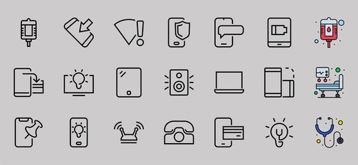 GADGET Set of vector icons of smart devices such as laptop, tablet, protection program, phone, digital network, thin line vector gadget icons, editable stroke