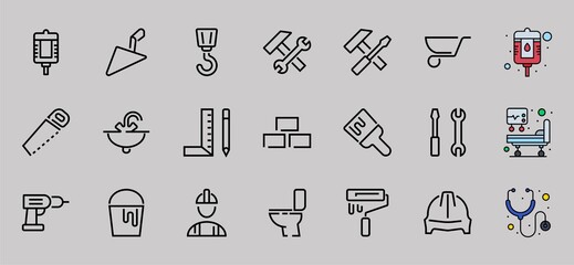Set of construction icons, simple vector lines, contains the following icons: builder, roller, hammer with wrench, toilet bowl and much more. Editable stroke. 48x48 pixels perfect, white background
