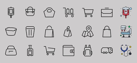 Simple set of bags, shopping and travel icons. Vector illustration Contains icons such as Card, wallet, shopping basket, discount, bowl, package. On a white background, editable stroke