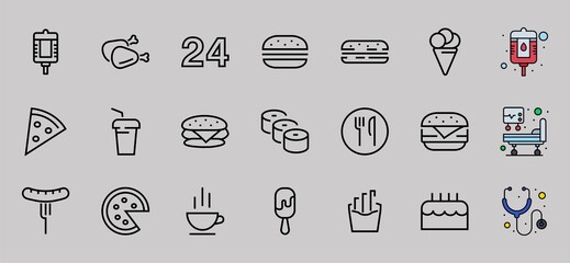 Naklejka premium A simple set of fast food icons related to the vector line. Contains icons such as pizza, burger, sushi, bike, scrambled eggs and more. EDITABLE stroke. EPS 10