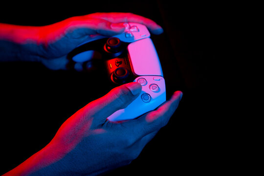 Samutsakhon, THAILAND - February 17 2021 : The Dual sense controller for PS5, joystick for The PlayStation 5, video game console of Sony.