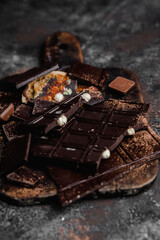 Chocolate bars of different varieties close up