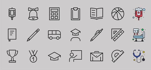 A simple set of school items. Contains icons such as student, award, geography, physical education, geometry and more. On white background. Editable stroke. 480x480