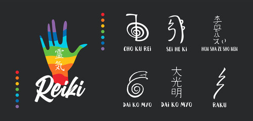 Reiki symbol. Sacred sign. Esoteric. A set of sacred Reiki signs. Alternative medicine.