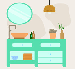 Bathroom interior: faucet, washbasin, soap, cream, towels, flowers in a vase. Cozy room in blue and orange colors. Vector.