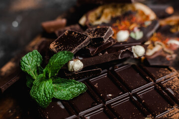 Chocolate bars of different varieties close up