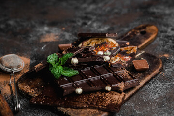 Chocolate bars of different varieties close up