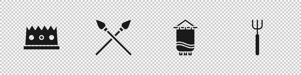 Set King crown, Crossed medieval spears, Medieval flag and Garden pitchfork icon. Vector.