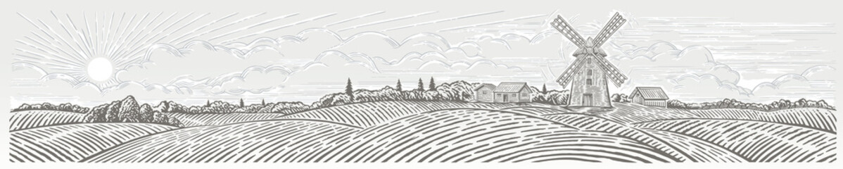 Rural landscape panoramic format with a Windmill and village. Hand drawn Illustration in engraving style.