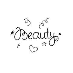 Doodle text image "beauty" with stars, hearts. Hand-drawn illustration. Vector image for various designs.