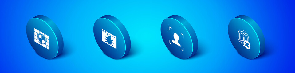 Set Isometric Shield with brick wall, Face recognition, Cancelled fingerprint and System bug icon. Vector.