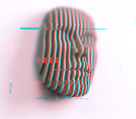 3D illustration. Digital abstract portrait, face divided into thin stripes with glitch effect on white background