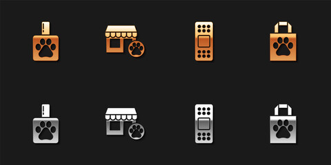 Set Pet shampoo, Veterinary hospital, Bandage plaster and Shopping bag pet icon. Vector.