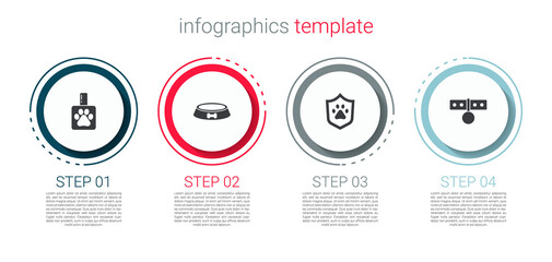 Set Pet shampoo, food bowl, Animal health insurance and Collar with name tag. Business infographic template. Vector.
