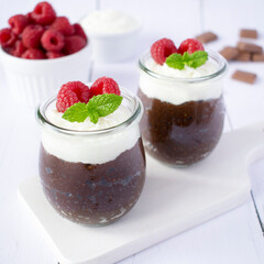 Chocolate chia pudding with yoghurt and coconut cream.