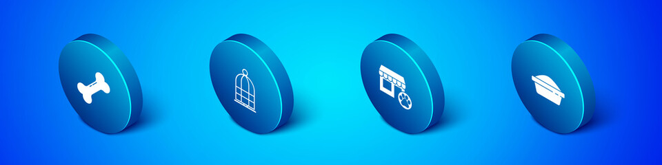 Set Isometric Dog bone, Veterinary hospital, Pet food bowl and Cage for birds icon. Vector.
