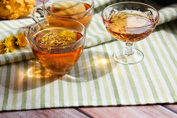 Cup of healthy dandelion tea with honey. Vitamin drink. Herbal medicine. Copy space.