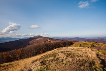 Fototapeta na wymiar Autumn in the Bieszczady Mountains Poland. Trekking trail, blue sky.