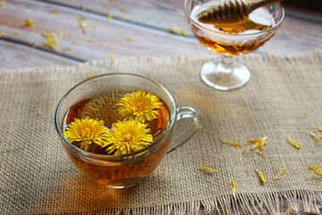 Cup of healthy dandelion tea with honey. Vitamin drink. Herbal medicine. Copy space.