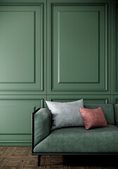 classic modern living room interior with green sofa, wooden floor and classic green wall, 3d rendering