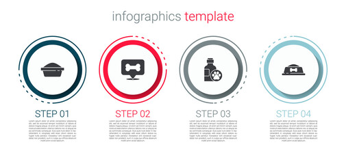 Set Pet food bowl, Dog bone, shampoo and . Business infographic template. Vector.