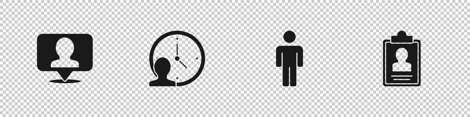 Set Location with person, Time Management, User of man and Clipboard resume icon. Vector.