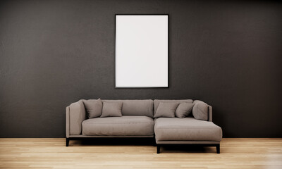 vertical picture frame mock up in modern living room interior with sofa, wooden floor and black wall, 3d rendering	