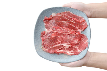 Human hand holding a plate with raw meat for grilled