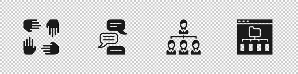 Set Project team base, Speech bubble chat, Hierarchy organogram chart and Browser files icon. Vector.
