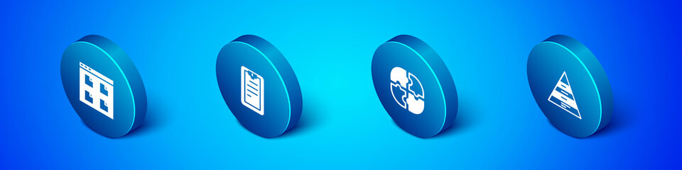 Set Isometric Browser files, Piece of puzzle, Pyramid chart infographics and Clipboard with checklist icon. Vector.