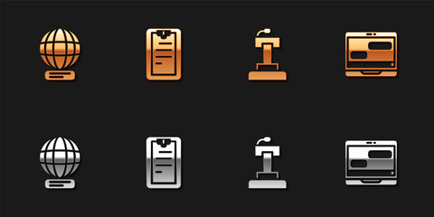 Set Worldwide, Clipboard with checklist, Stage stand tribune and Chat messages on laptop icon. Vector.