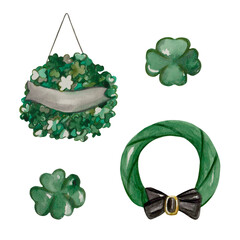 Watercolor set of St.Patrick's Day decorations. Hanging wreath and four leaves clover. For spring holiday celebration, greeting cards, scrapbook, prints, calendars, planners, irish festival invitation