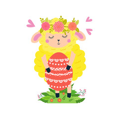 Easter lamb is holding a large decorated egg.