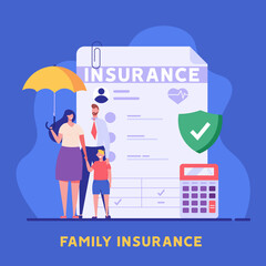 Family under umbrella. Concept of life insurance, protection of health and life of children for travel or vacation. Healthcare and medical service. Vector illustration in flat design