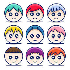 Illustration Vector Graphic of Cute Circle Head Mascot Icon with Different Hair Style.. Perfect for Posters, Presentations, Funny, Professional Mascot Logo .. etc