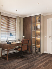 Home interior with workplace. Desk by the window. 3d illustration